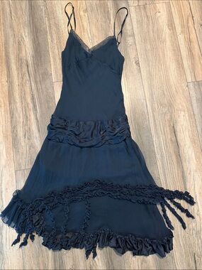 Vintage Blue 100 %Silk Ruffle-Trim Midi  Dress with Spaghetti Straps